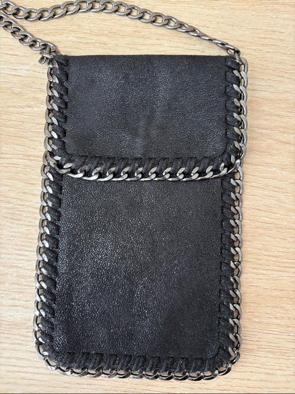 Black Chain Trim Phone Crossbody Bag | Edgy Faux Leather Mini Pouch | Festival - Picture 2 of 7